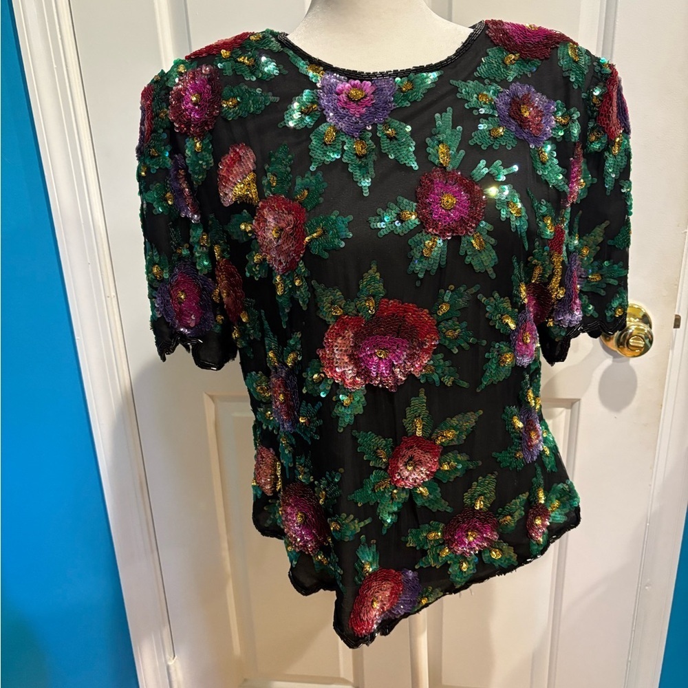 Vintage Laurence Kazar 80s floral beaded sequined silk top black sz XL L